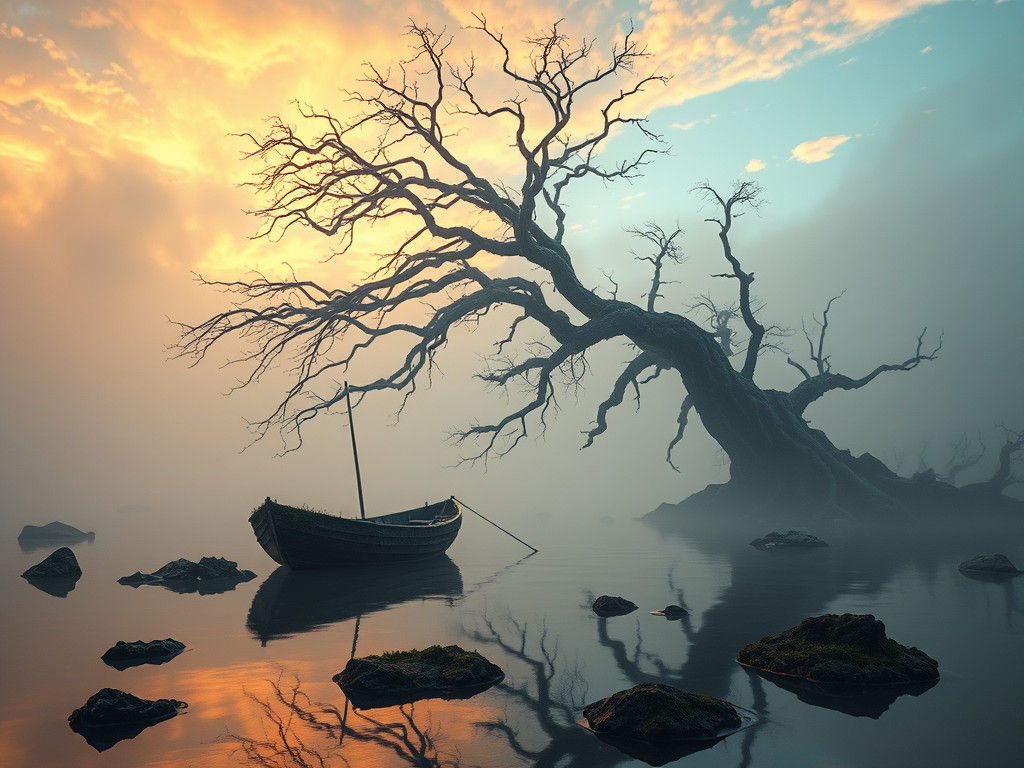 Eerie Fishing Boat on Misty Lagoon at Sunset