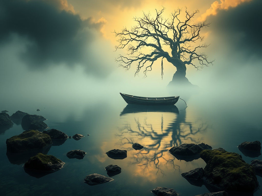 Eerie Fishing Boat on Misty Lagoon at Sunset