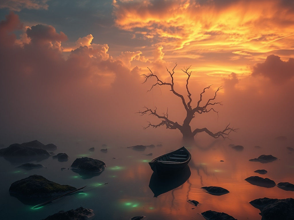Bioluminescent Lagoon at Sunset in High-Fantasy Style