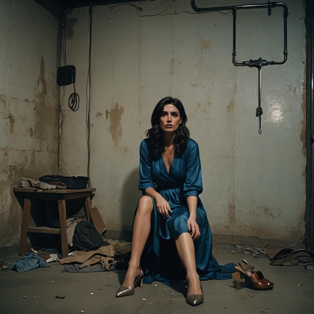 Dramatic Film Still: Woman in Basement with Blue Dress