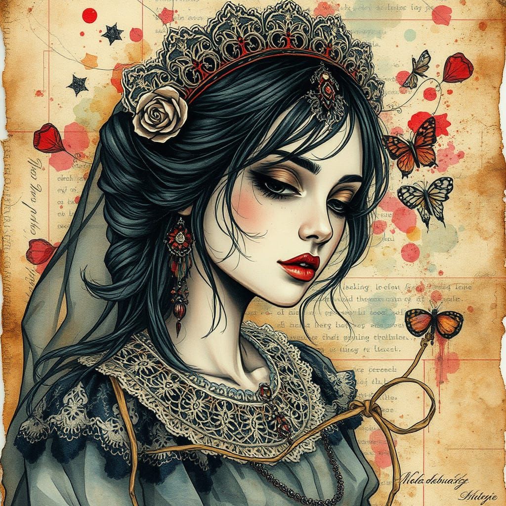 Whimsical Watercolor Portrait in Vintage Spooky Aesthetic