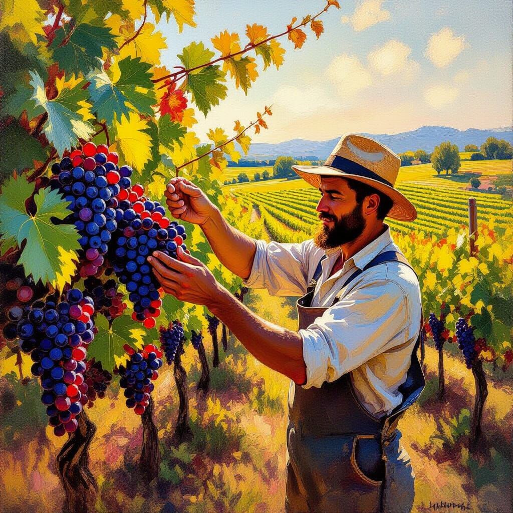 Farmer Harvests Grapes in Sun-Drenched Vineyard, Impressioni...