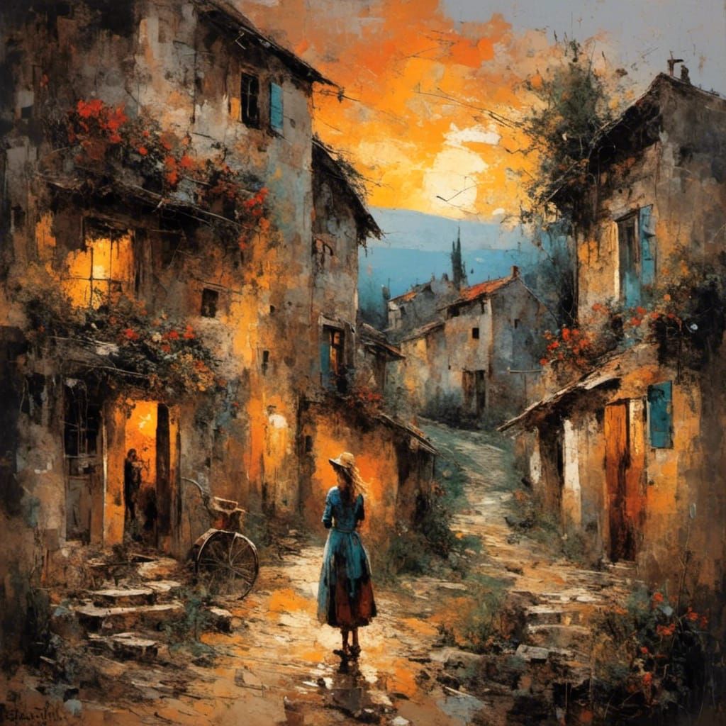 Neo-Expressionist Sunset Over Medieval Village