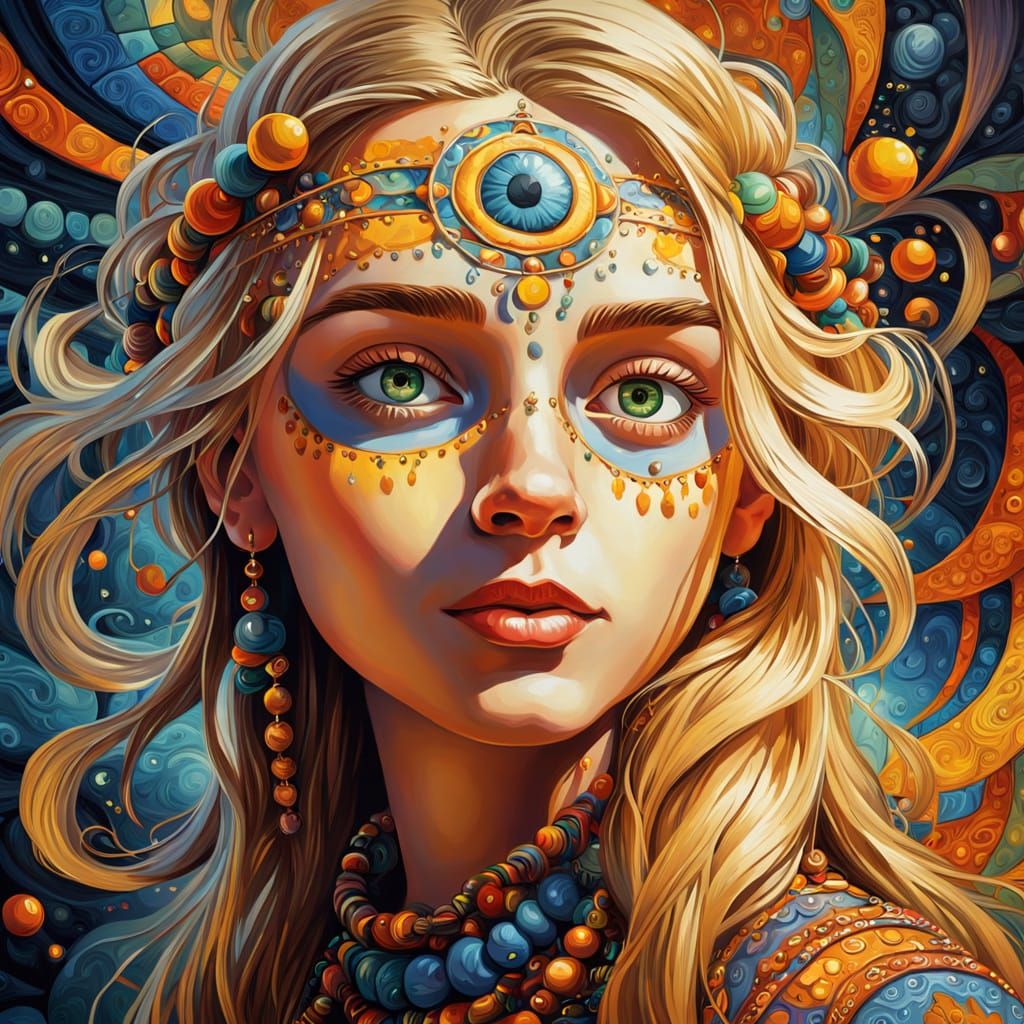 Vibrant Hippie Portrait in Escher-Inspired Oil Painting