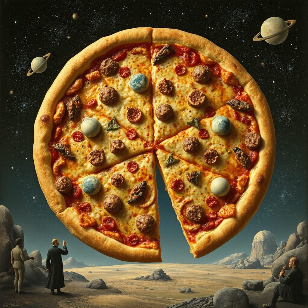Galactic Pizza in Surreal Magritte Style