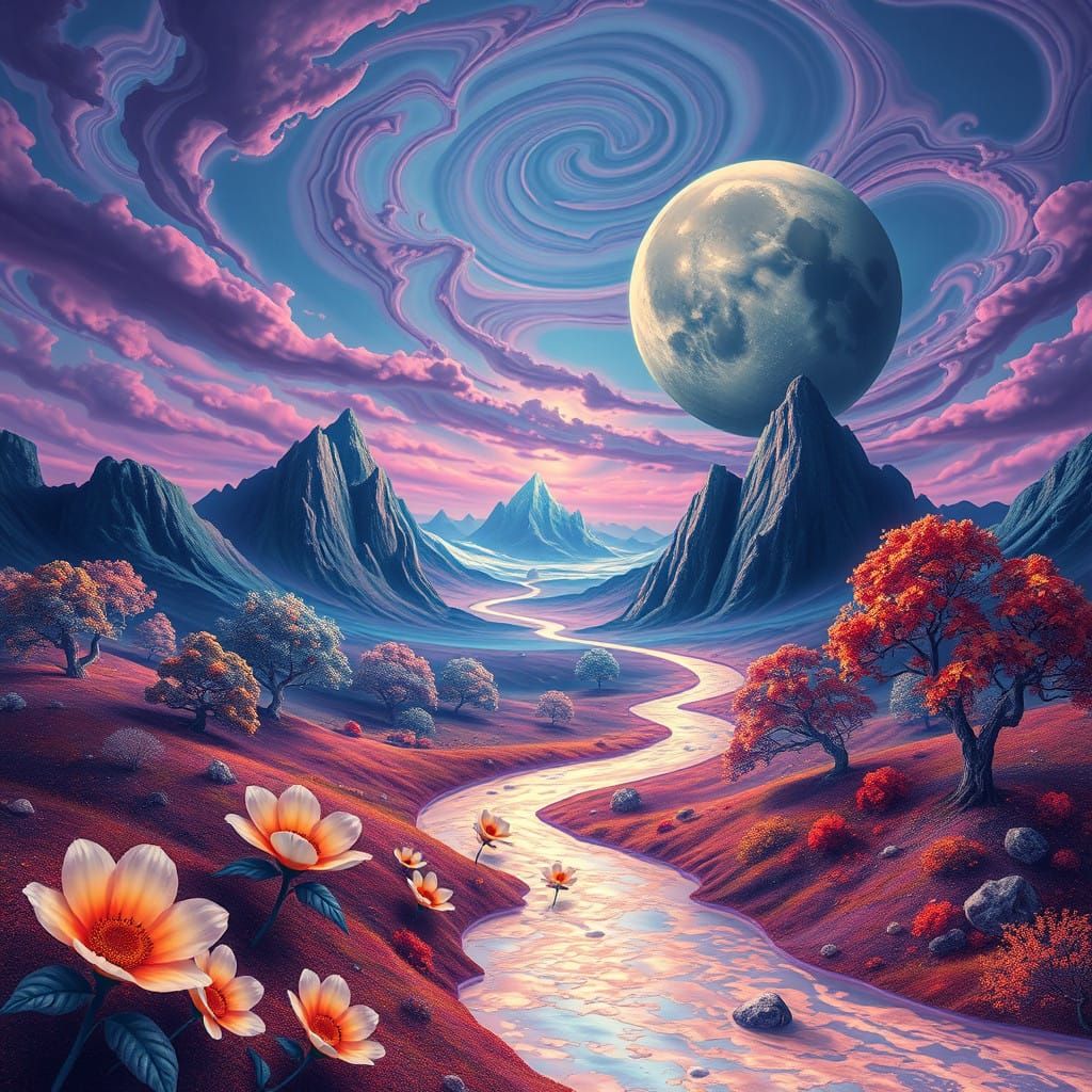 Surreal Dreamscape with Floating Mountains and Shimmering Ri...