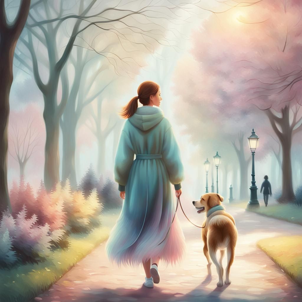 Woman and Dog in Misty Park: Pastel Digital Art