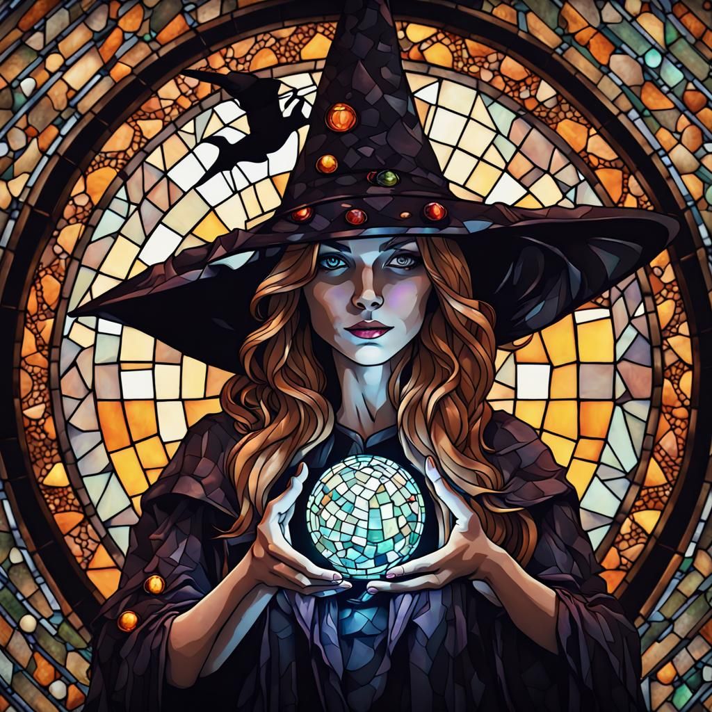 Detailed Mosaic of Witch Casting Spells