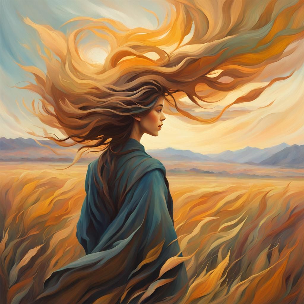 Surreal Windswept Figure in Dreamlike Landscape