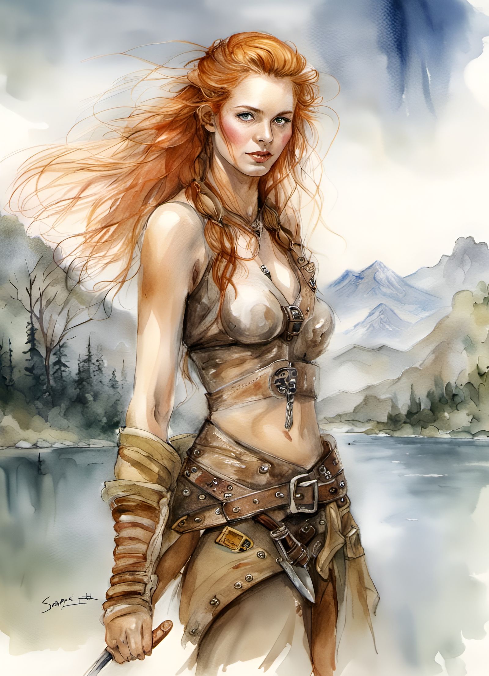 Ginger Adventuress at Mountain Lake, Watercolor Art