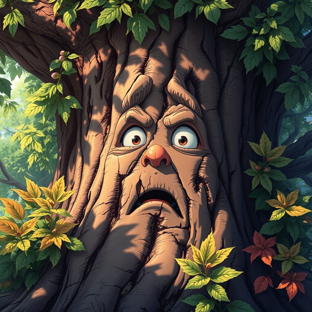 Majestic Tree Trunk Surrounded by Vibrant Leaves