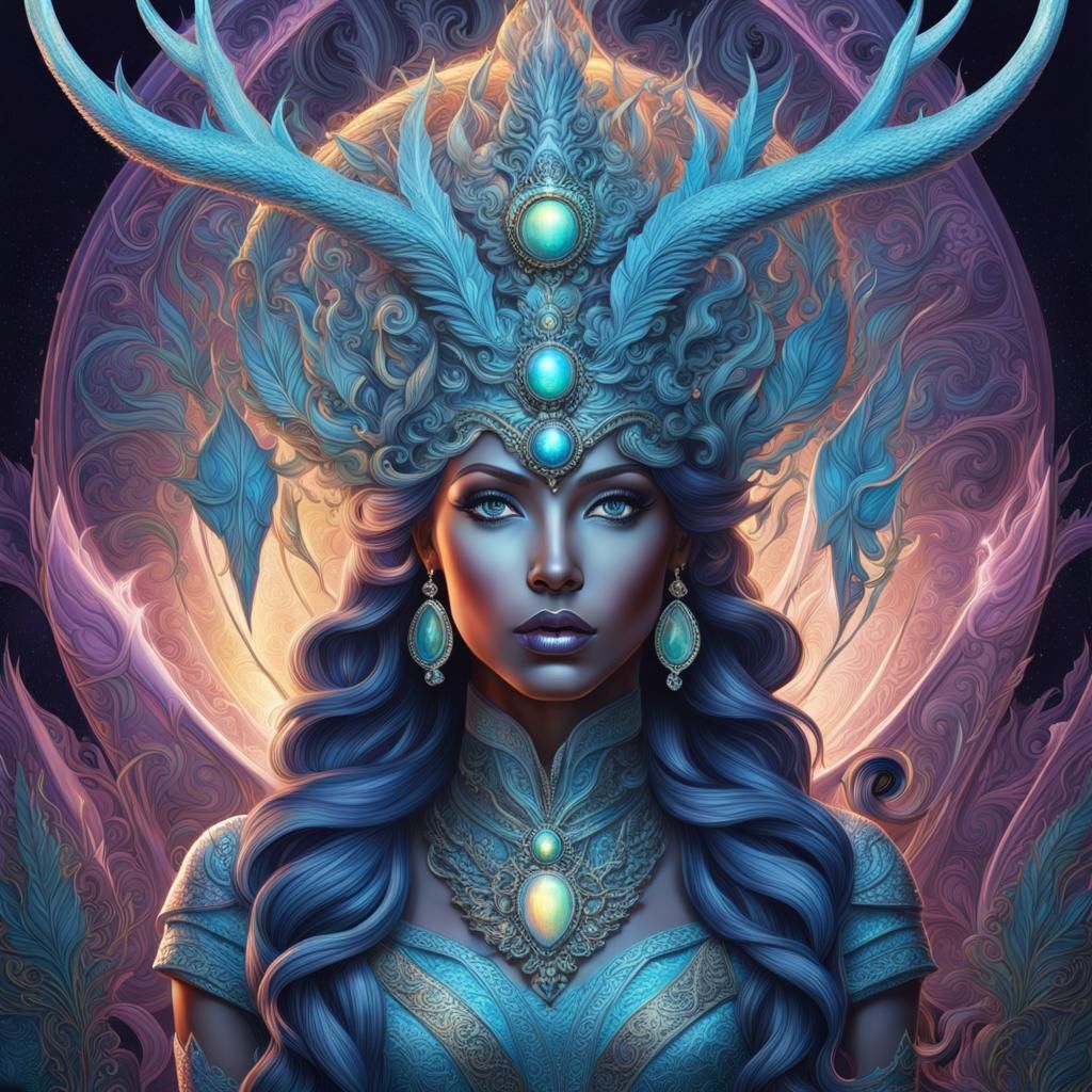 Fierce Goddess of Storms with Aurora Background
