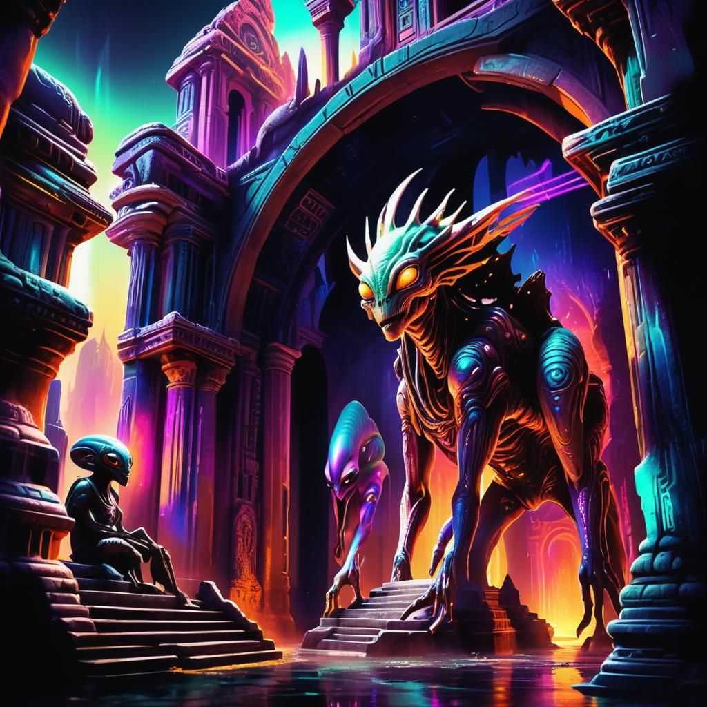 Alien Creatures Explore Ancient City: Vibrant Concept Art