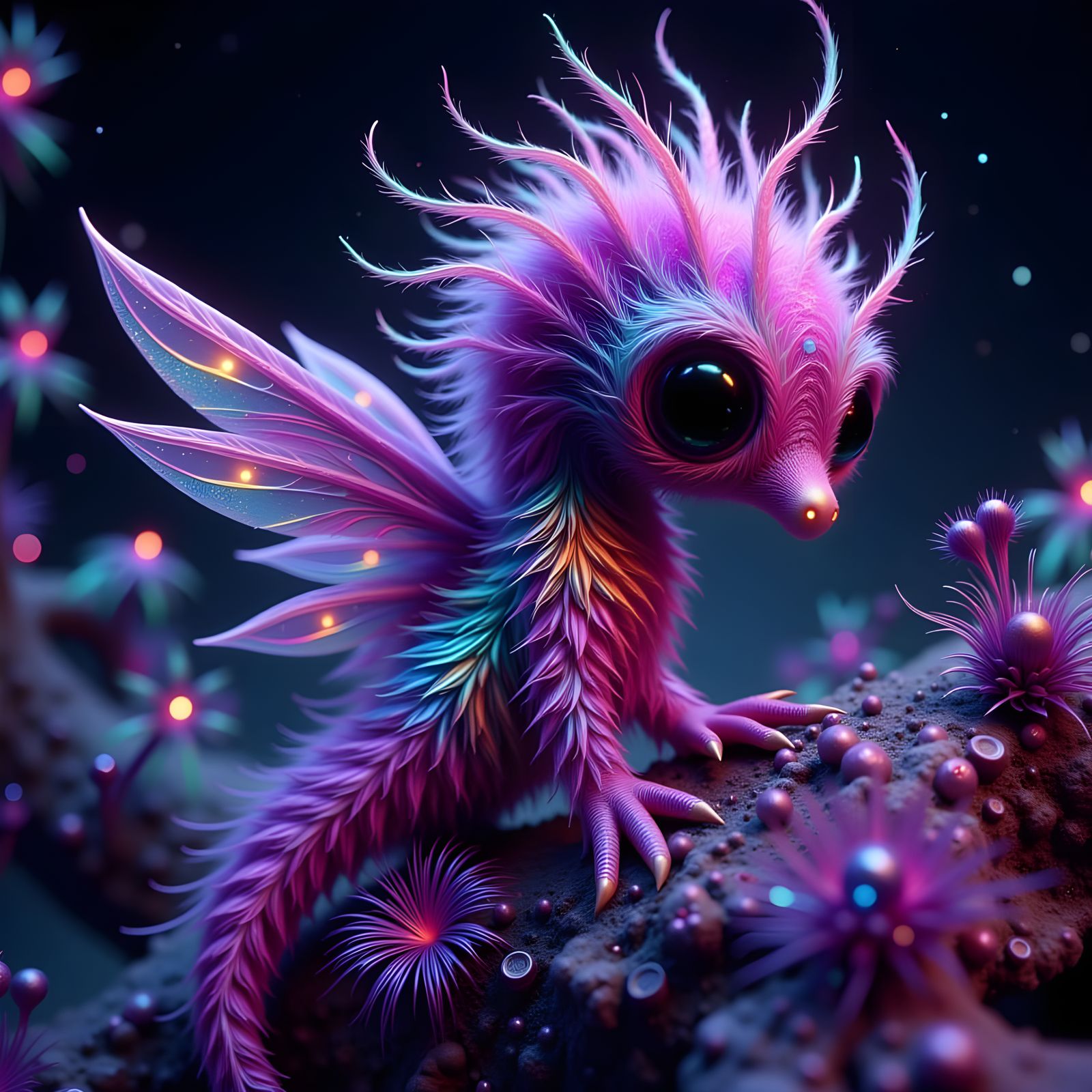 Glowing, Iridescent Seahorse Creature in Crystal Cave