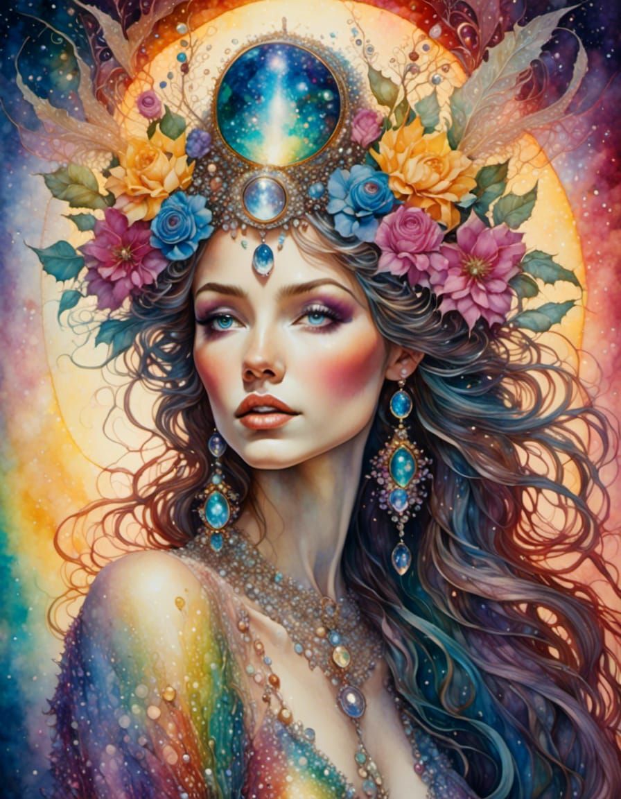 Colorful Fantasy World Painting with Jeweled Women