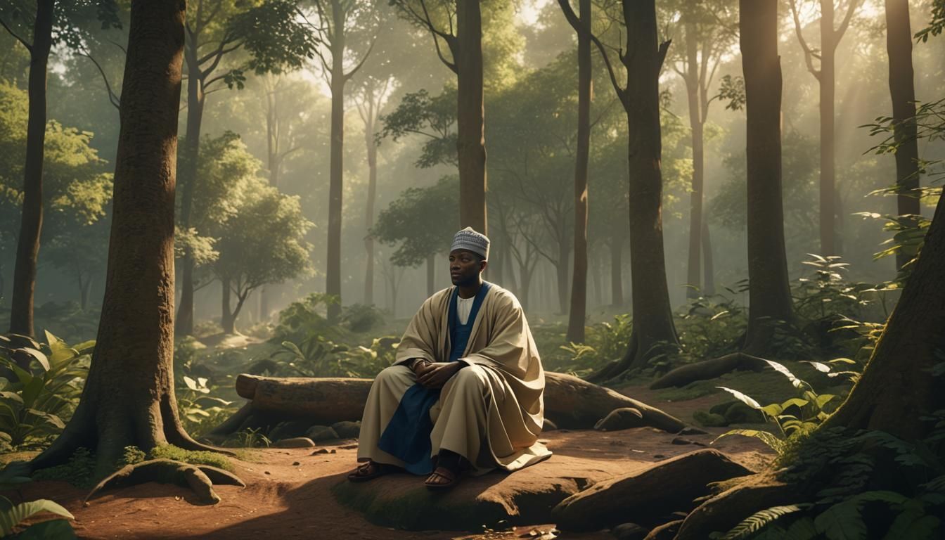 Man in Agbada Meditates in Forest: 3D Rendered Scene