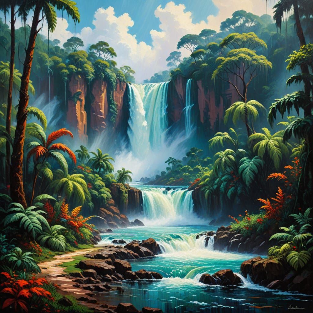 Vibrant Tropical Falls in Neo-Expressionist Oil Painting