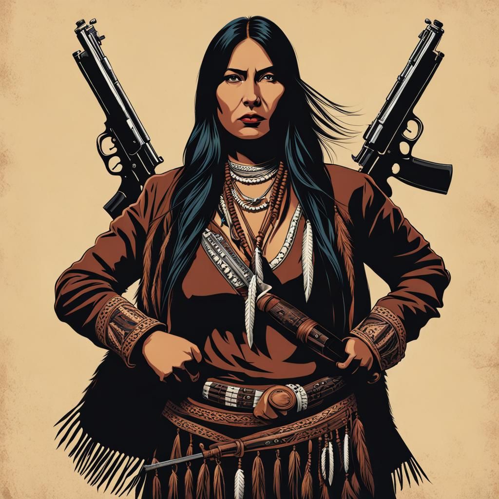 Native American Outlaw Woman with Guns