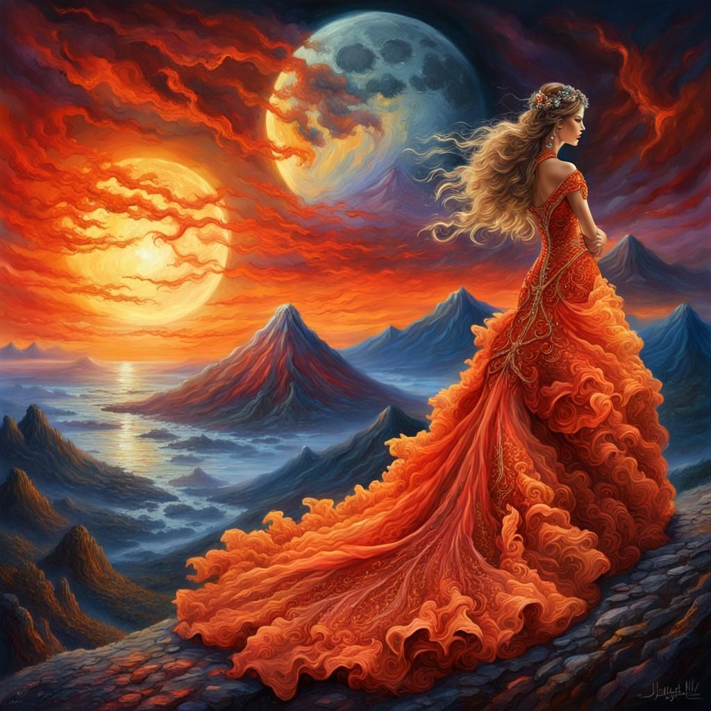Fiery Wedding Dress Against Volcanic Sunset, Fantasy Art
