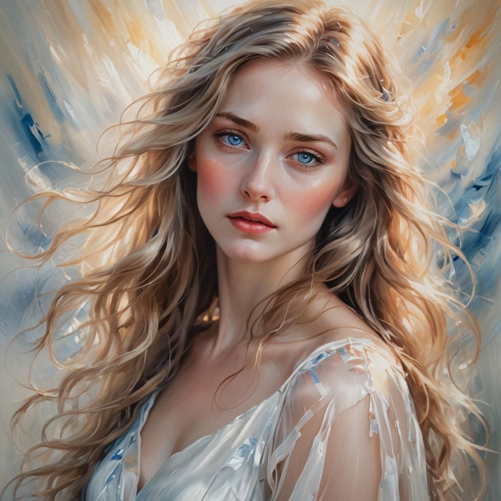 Heartbroken Girl in Flowing Dress: Romantic Oil Painting