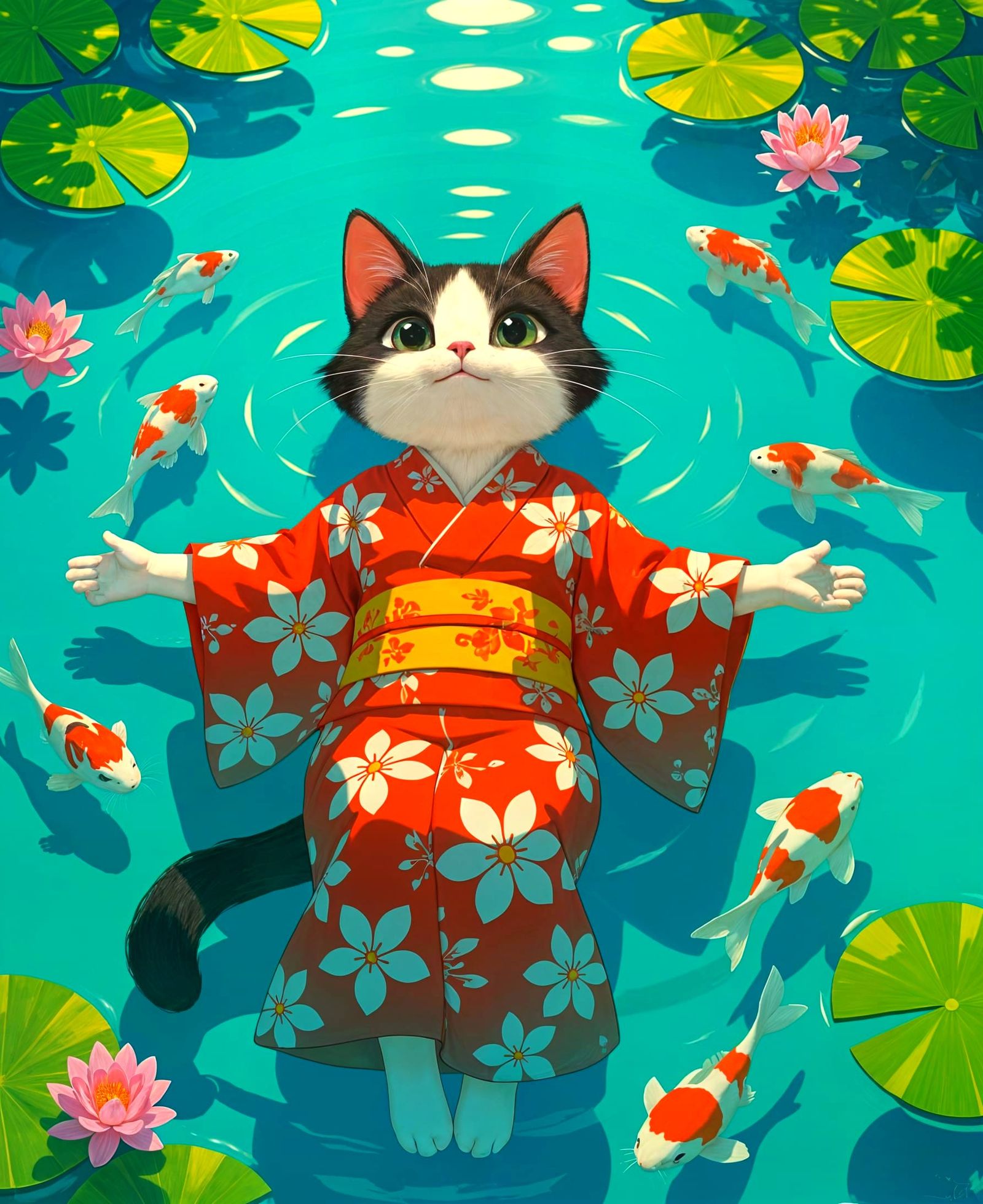 Pixar Cat in Water with Koi Fish