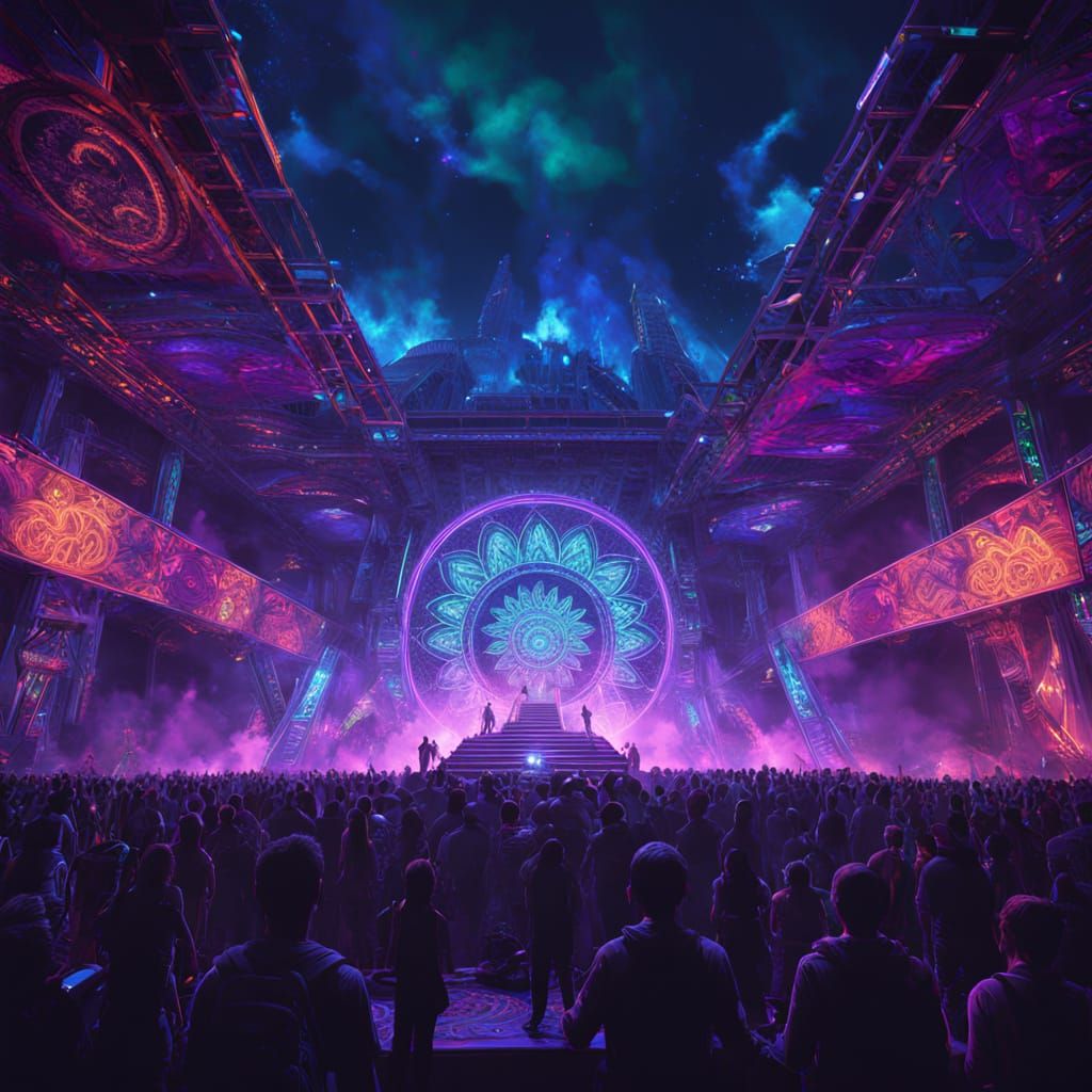 Psytrance Festival Stage with Neon Mandalas and Laser Beams
