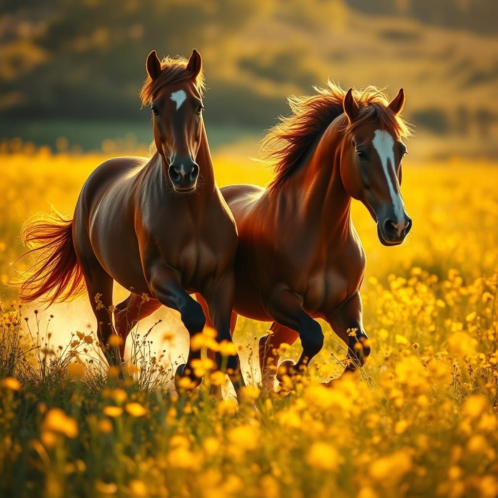 Majestic Quarter Horses in Sun-Drenched Meadow