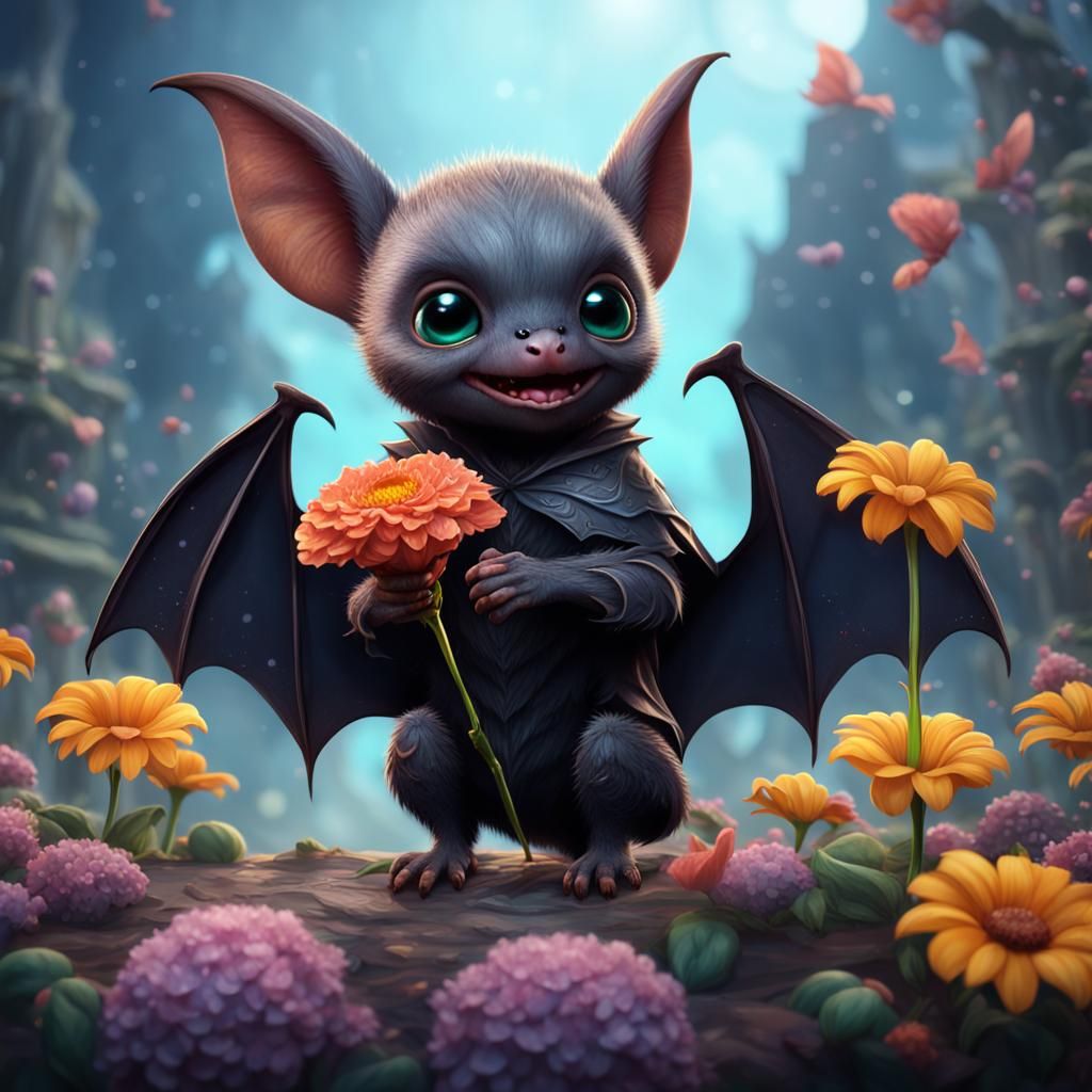 Adorable Baby Bat Presents a Flower