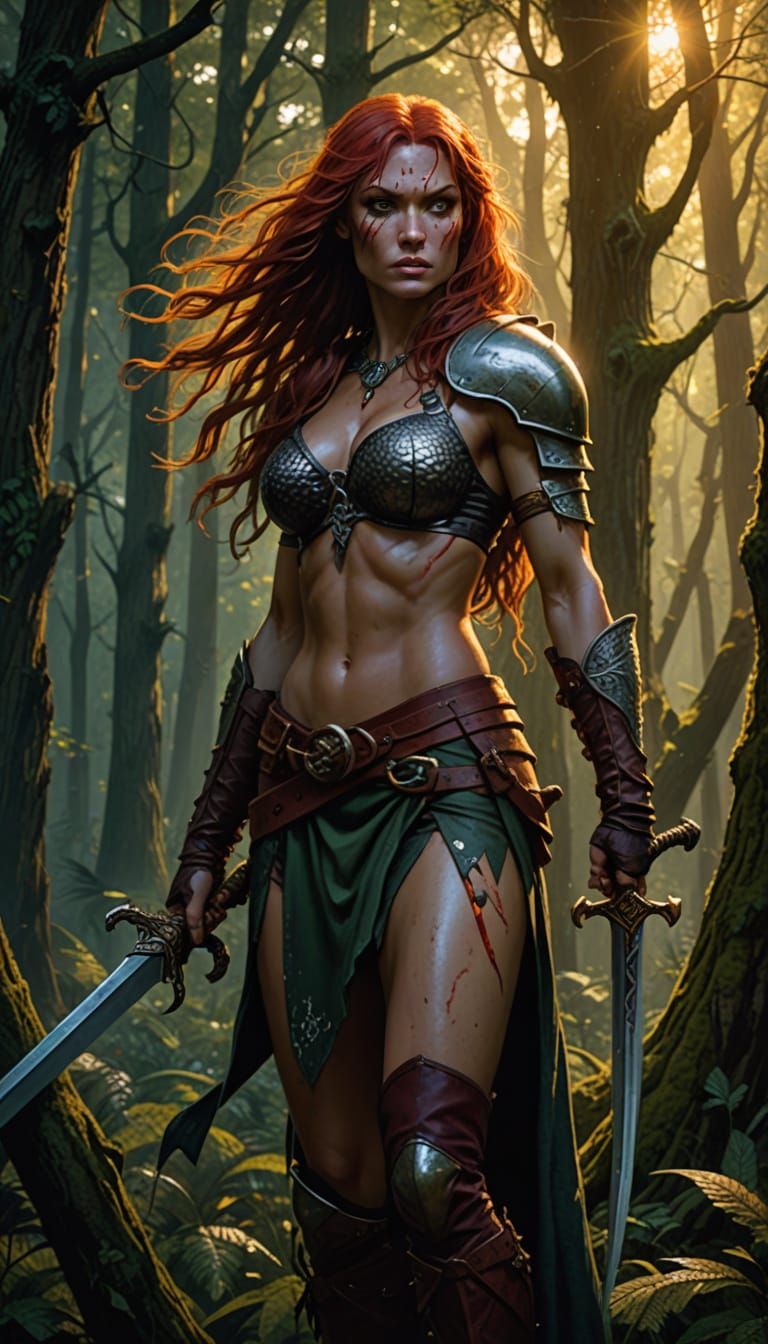 Swordswoman Amidst Mystical Forest in Dark Fantasy Style