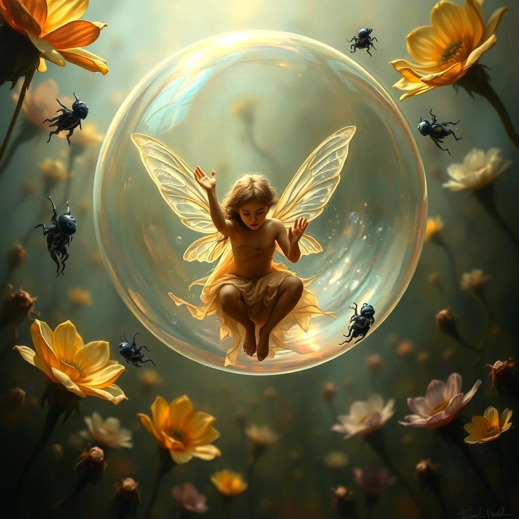 Fairy in Bubble: Surreal Oil Painting