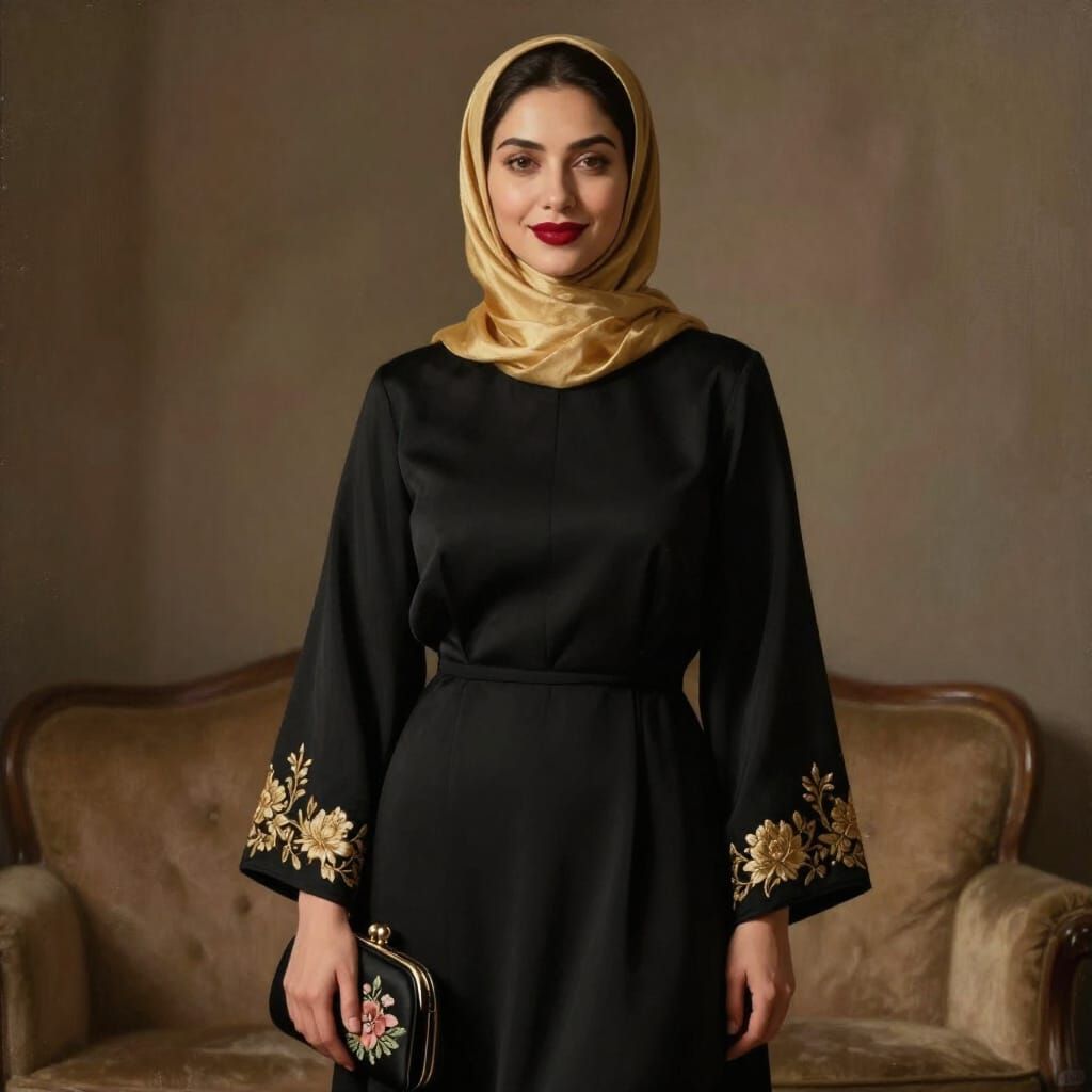 Elegant Woman in Embroidered Black Dress with Golden Hijab