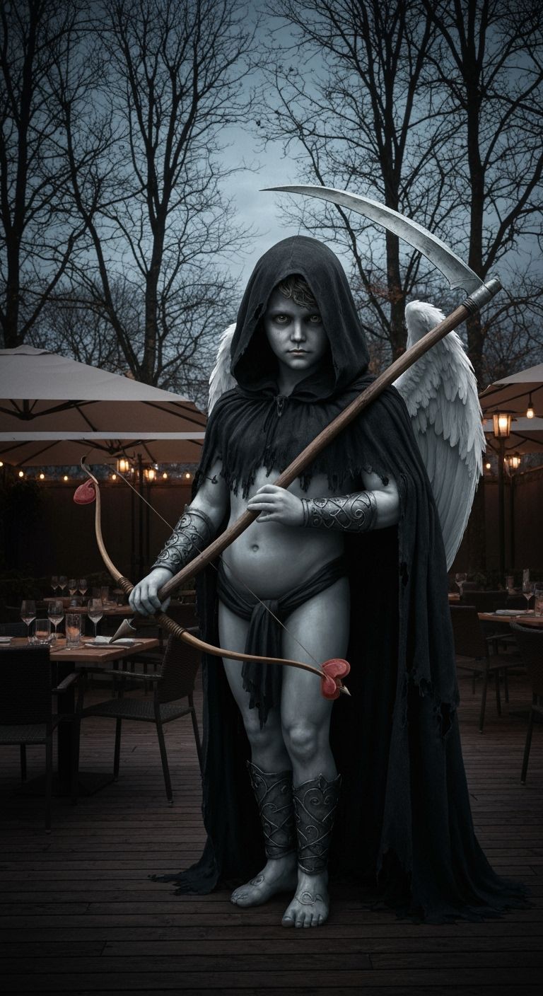 Gothic Cupid with Scythe at Dusk