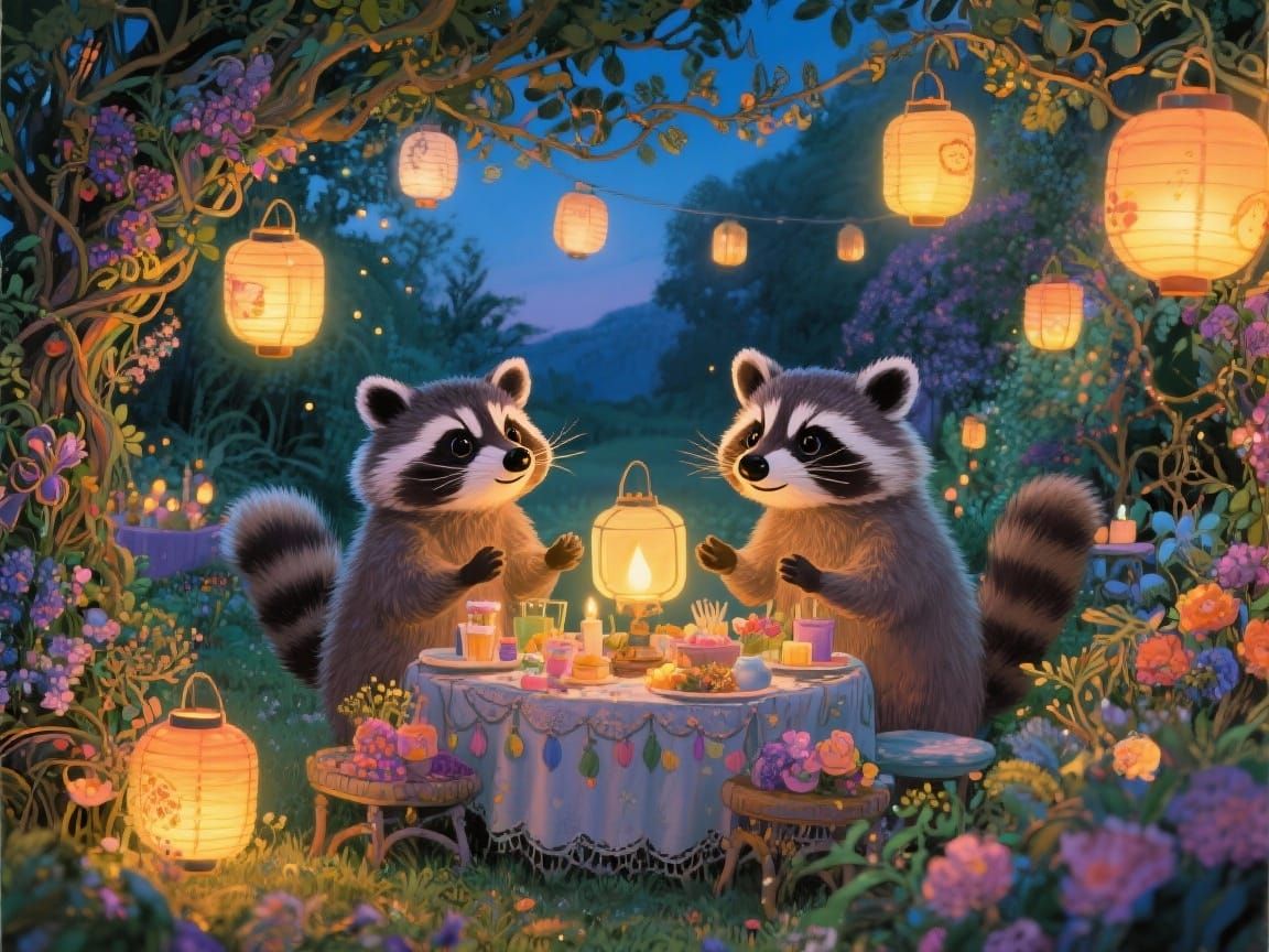 Raccoons Host Enchanting Lantern-Lit Garden Party