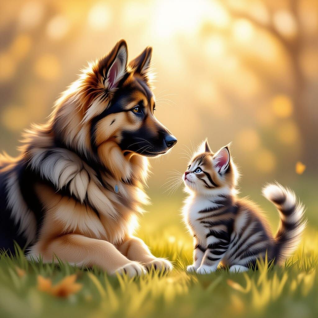 Kitten and German Shepherd Storybook Illustration