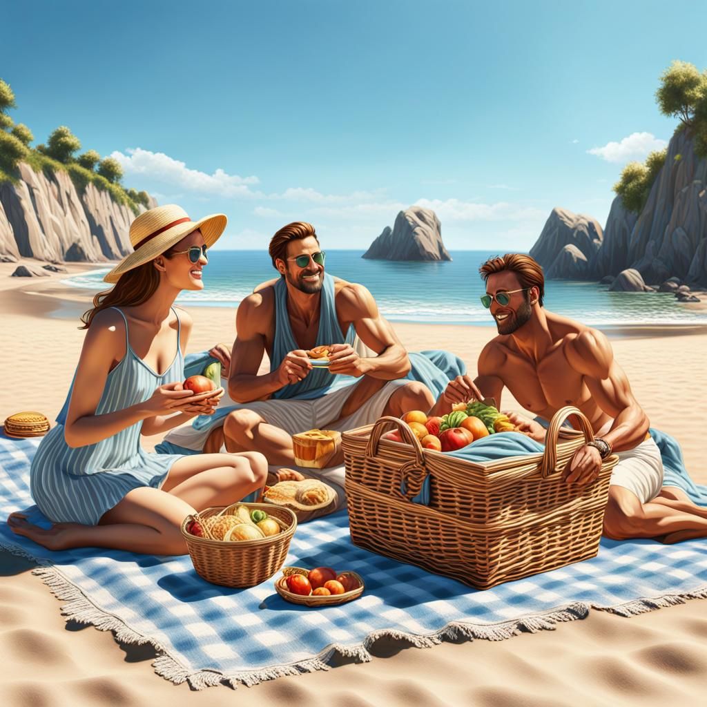 Family Picnic on Sunny Beach in Digital Art Style