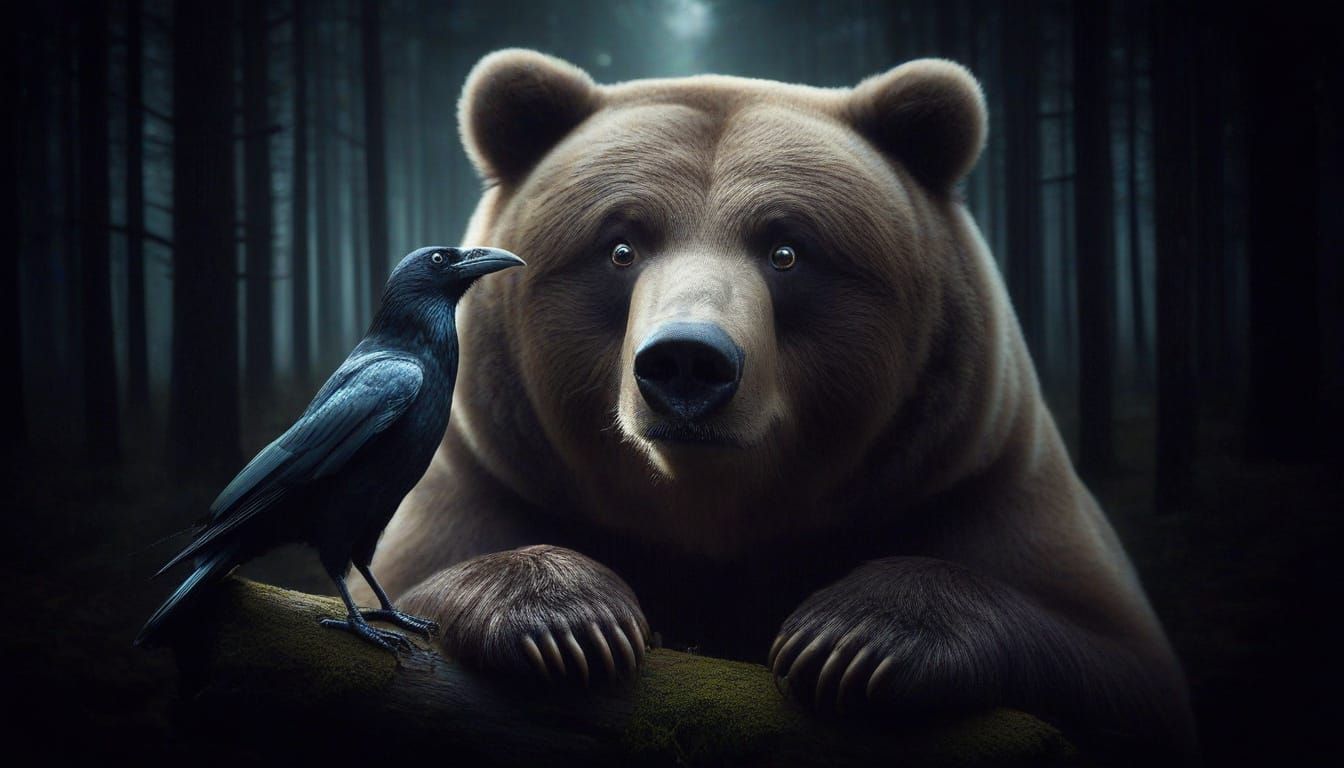 Surreal Bear Observes Curious Crow in Enchanted Forest