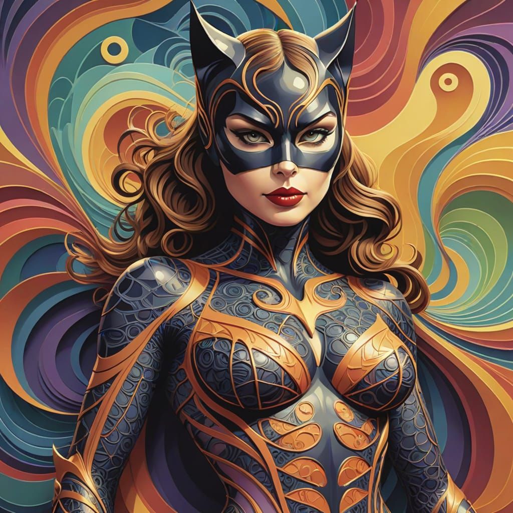 Abstract Fractal Catwoman in Gouache Painting Style