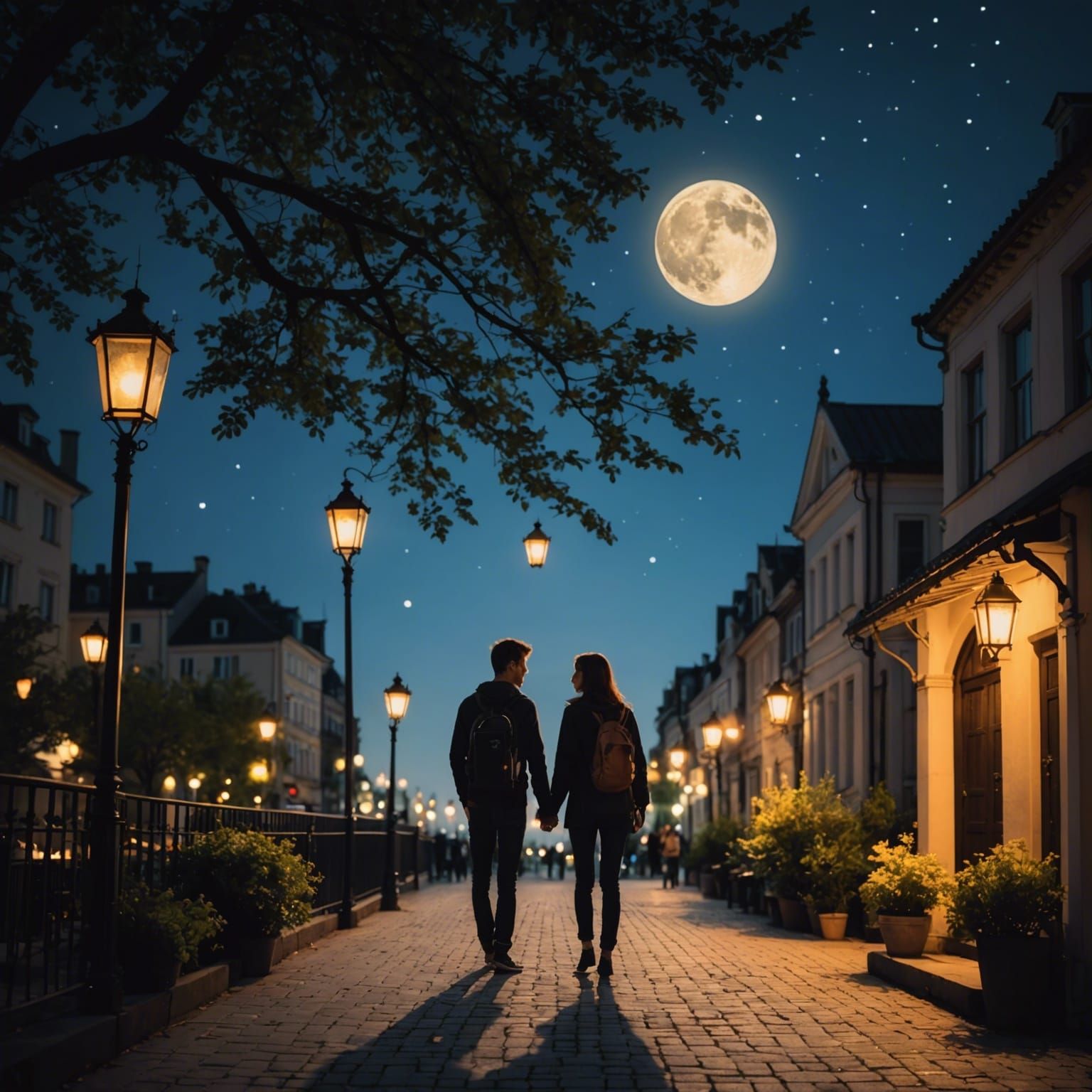 Romantic Night Scene: Lovers Under Lantern Light
