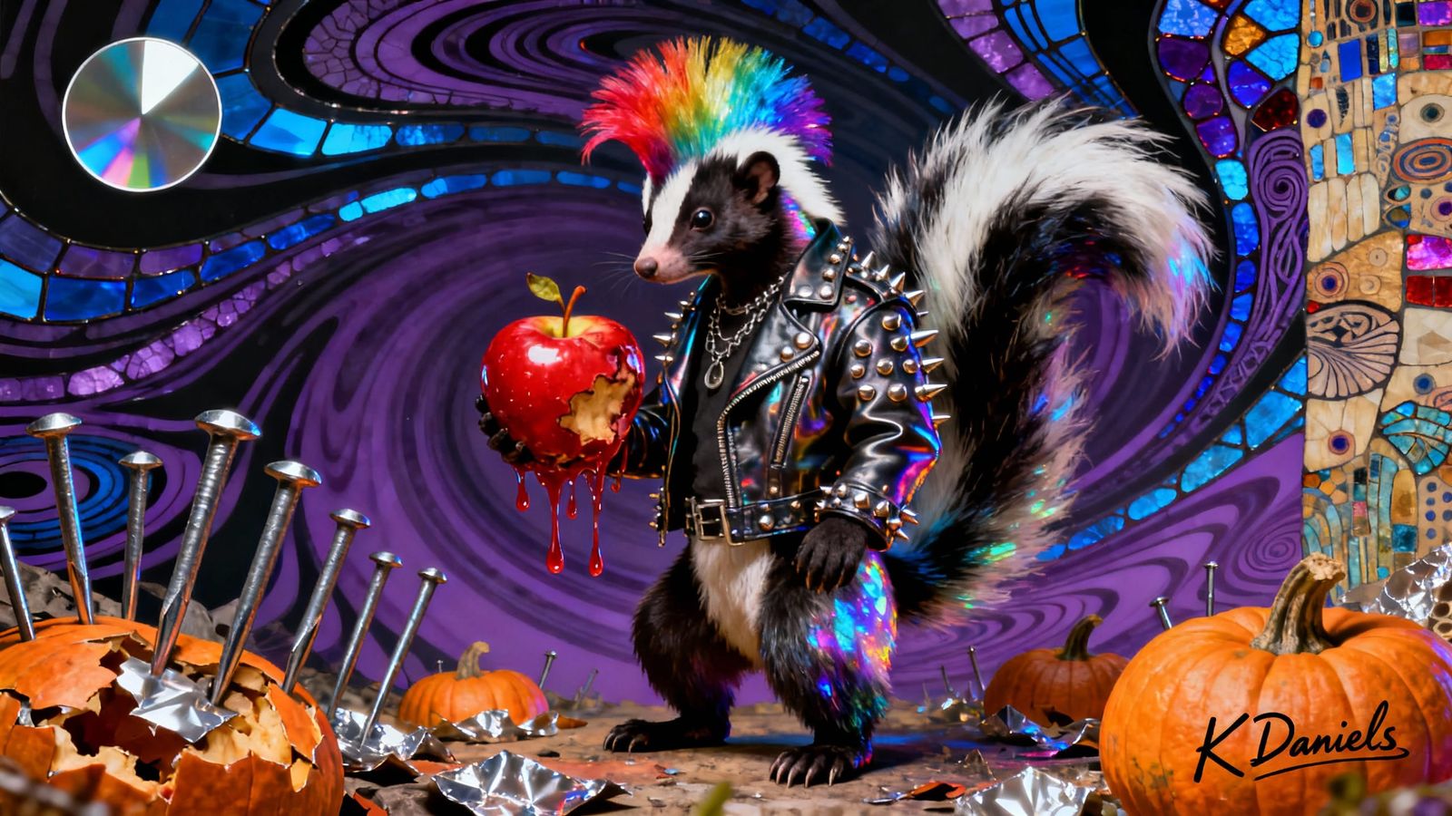 Punk Skunk in Psychedelic Collage with Rainbow Mohawk