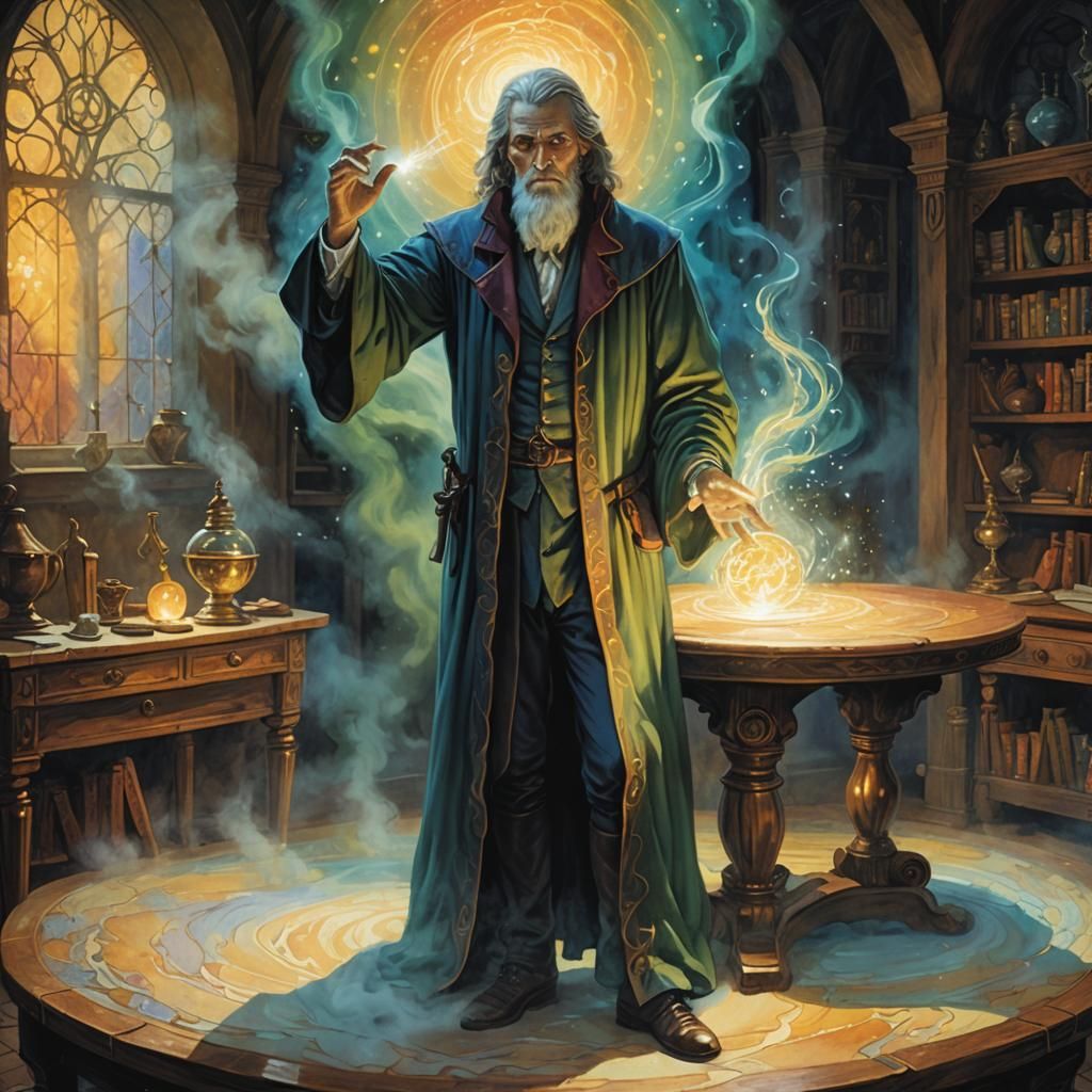 Mystical Wizard in Dimly Lit Chamber as Romantic Art