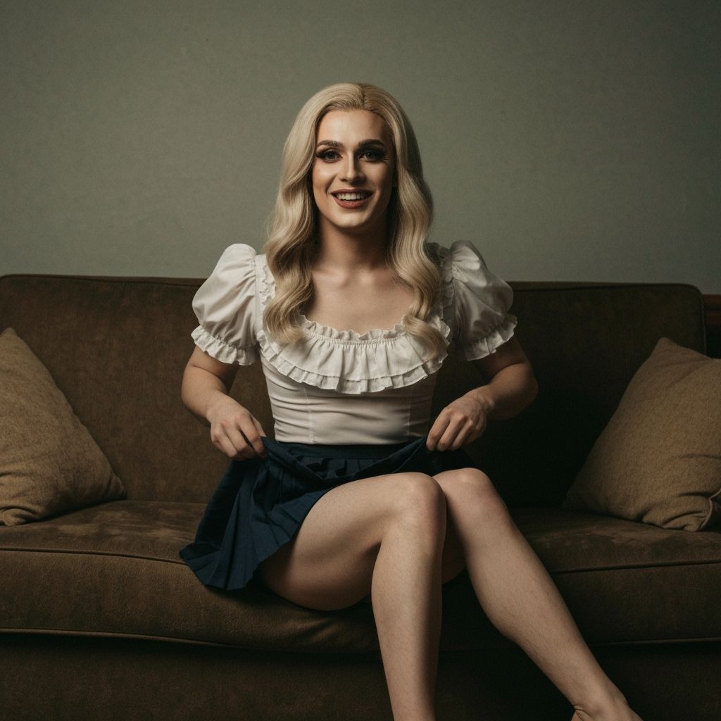 Smiling Young Man in Skirt, Cinematic Film Still