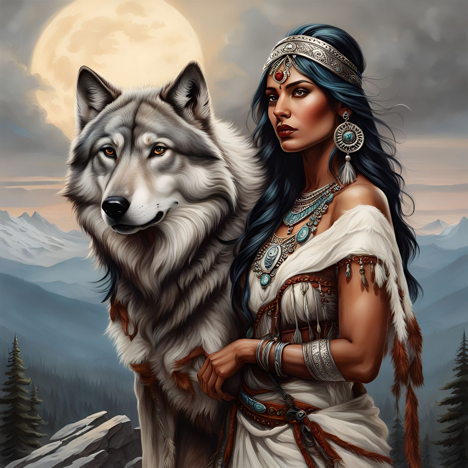 Native American Woman and Wolf Under Moonlight