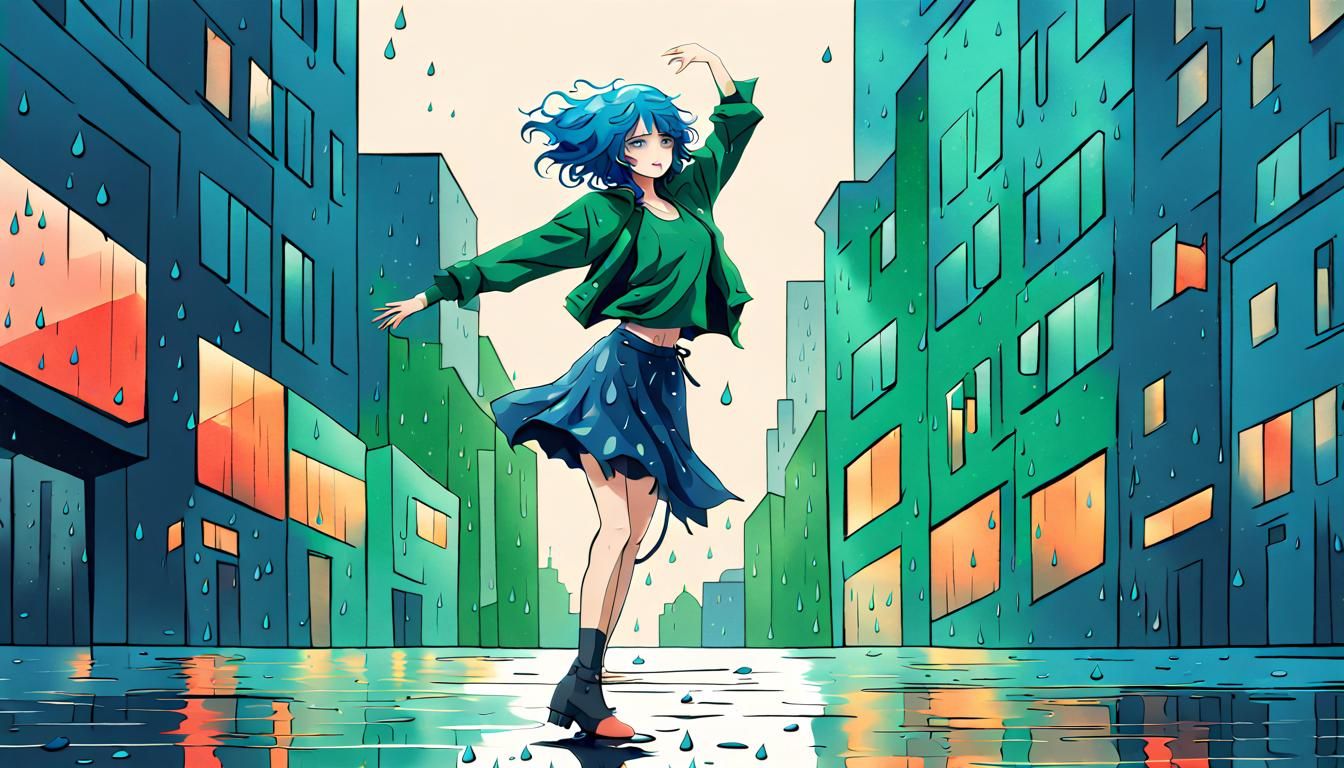 Anime Woman Dancing in Rainy Cityscape