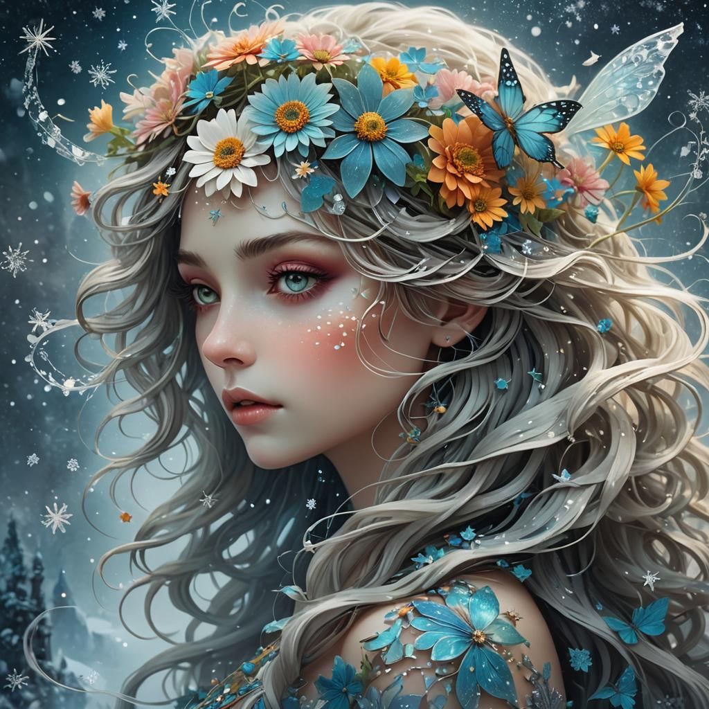 Enigmatic Fairy Profile with Crystal Flower