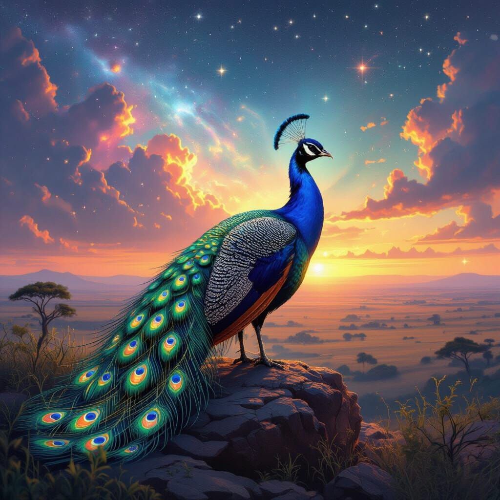 Majestic Peacock Under Cosmic Sky