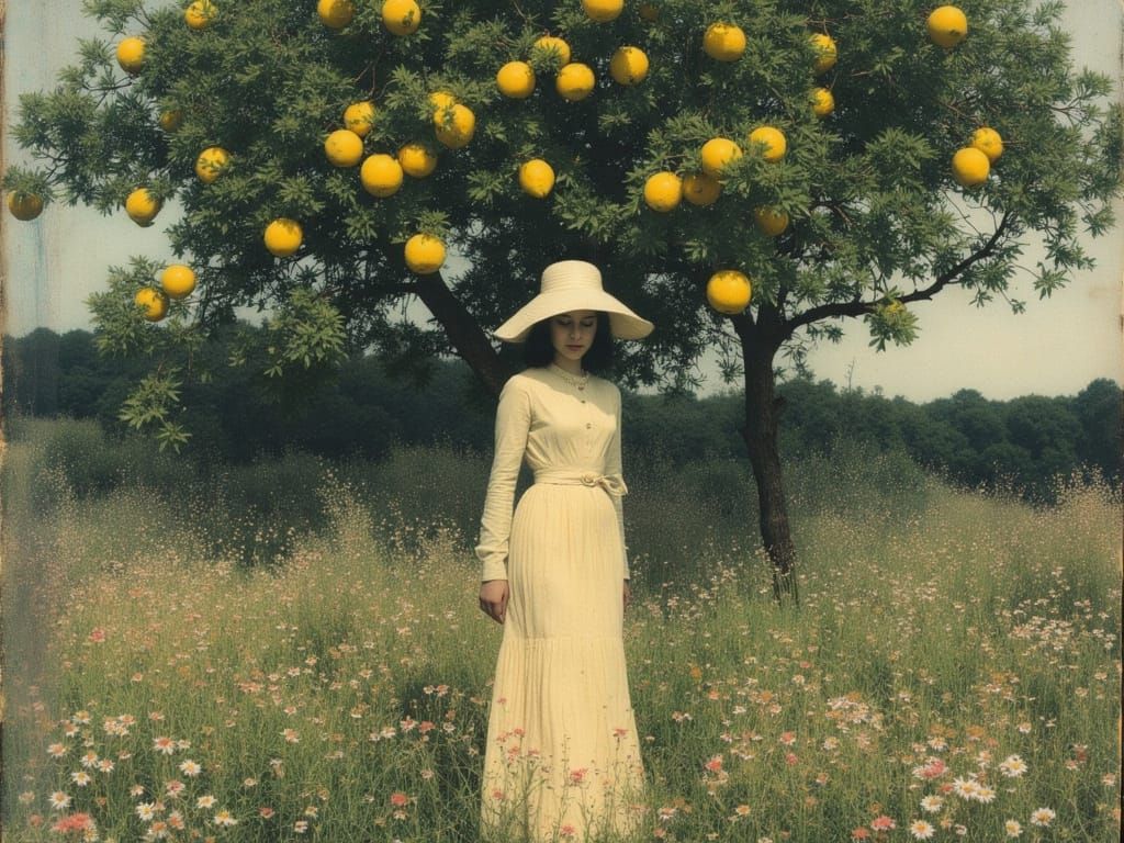 Serene Woman Under Majestic Lemon Tree in Whimsical Watercol...