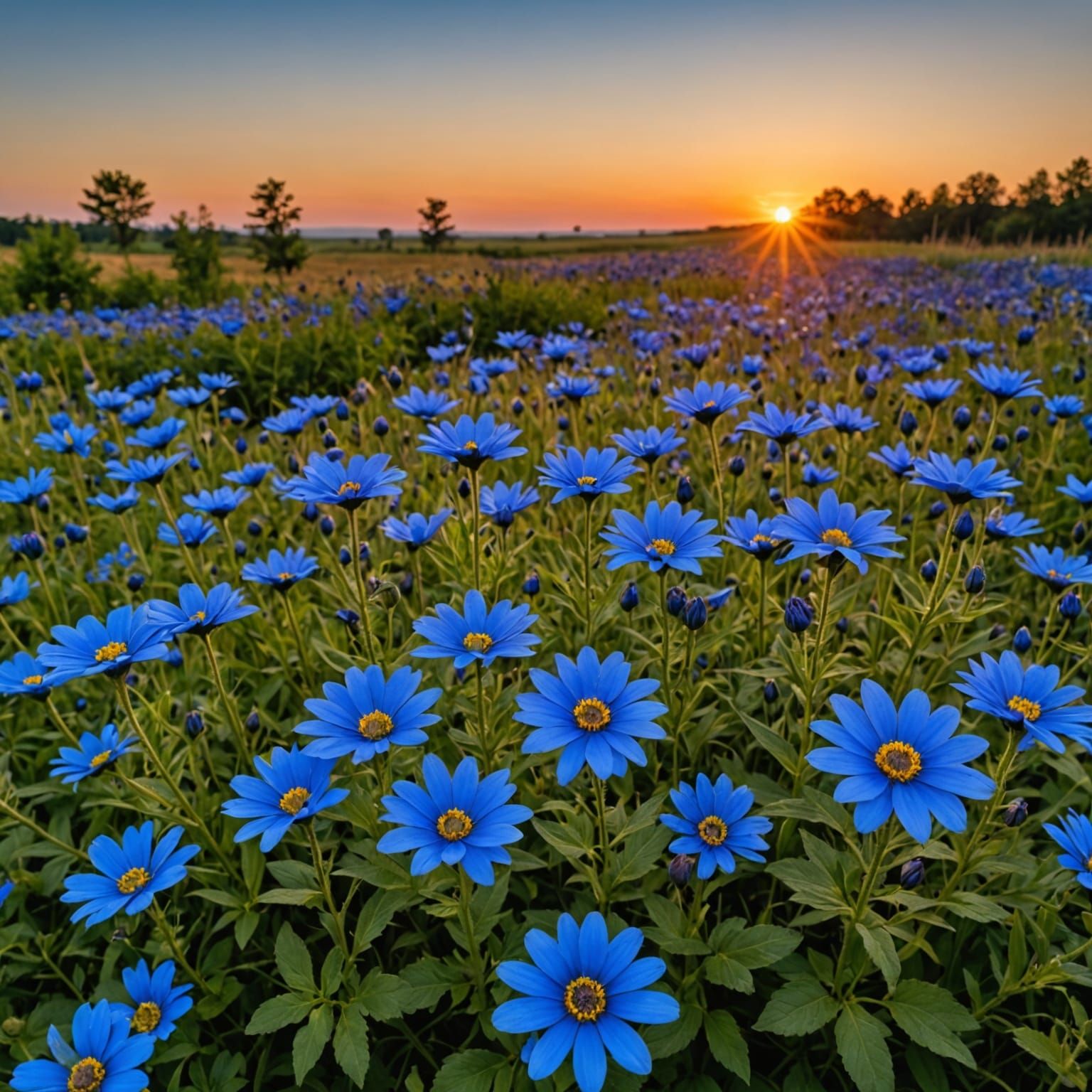 Blue Flowers at Sunset: A Colorful Silhouette
