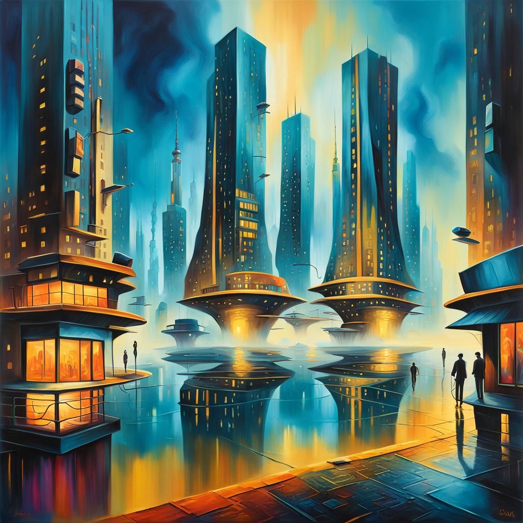 Surreal Futuristic Cityscape Panorama in Triadic Colors