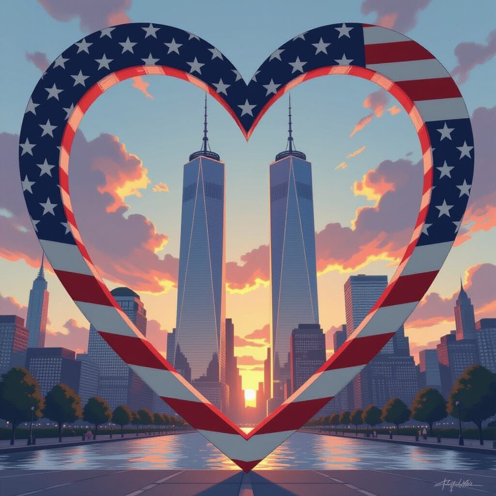 Twin Towers Behind Heart American Flag, Never Forget