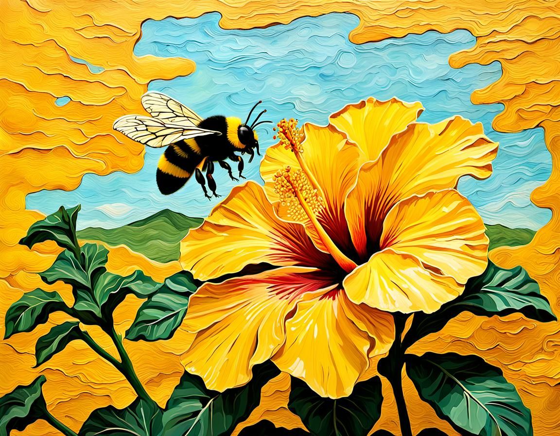 Yellow Hibiscus and Bumblebee Impasto Painting